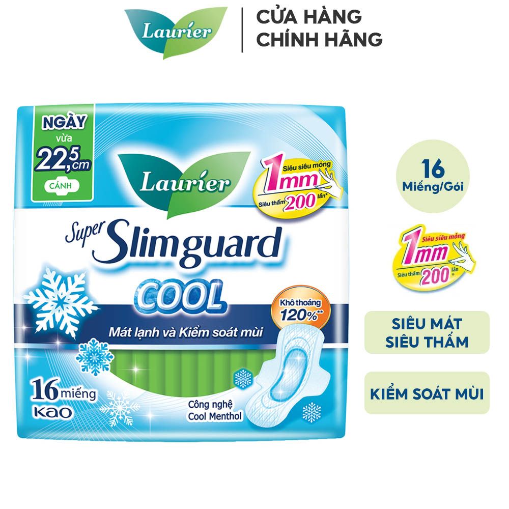 Băng Vệ Sinh Siêu Mỏng Bảo Vệ 1mm Mát Lạnh Laurier Super Slimguard 22.5cm Cool - 16 Miếng (Che tên sản phẩm khi giao hàng)