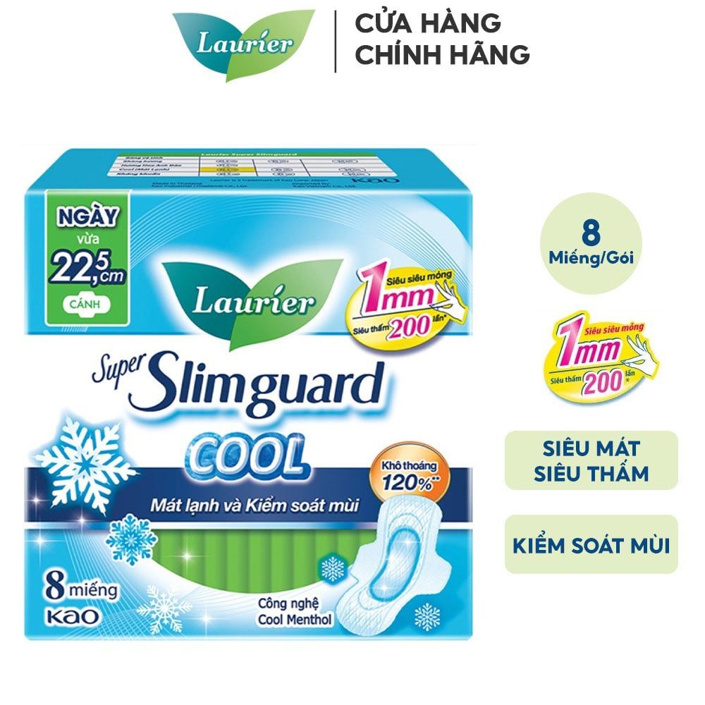 Băng Vệ Sinh Siêu Mỏng Bảo Vệ 1mm Mát Lạnh Laurier Super Slimguard 22.5cm Cool - 8 Miếng (Che tên sản phẩm khi giao hàng)