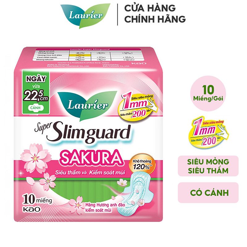 Băng Vệ Sinh Siêu Mỏng Bảo Vệ, Hương Anh Đào Laurier Super Slimguard 22,5cm - 10 Miếng (Che tên sản phẩm khi giao hàng)