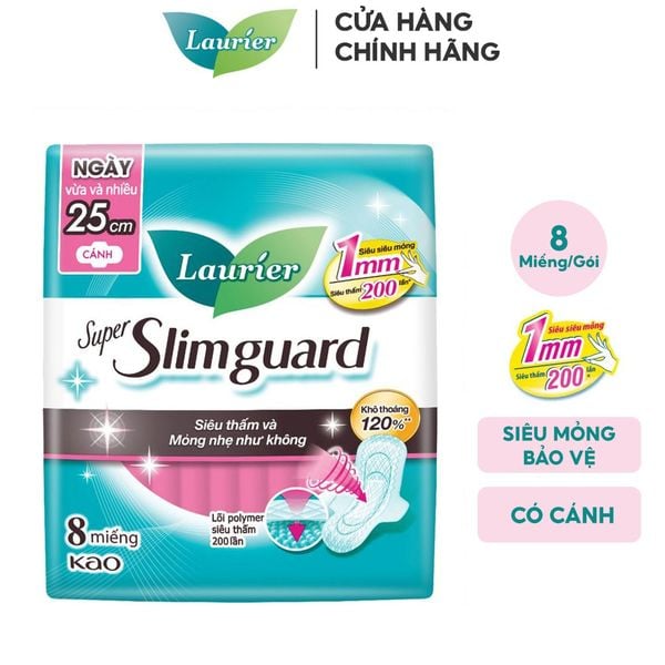  Băng Vệ Sinh Laurier Siêu Mỏng Bảo Vệ Super Slimguard 25cm - 8 Miếng (Che tên sản phẩm khi giao hàng) 