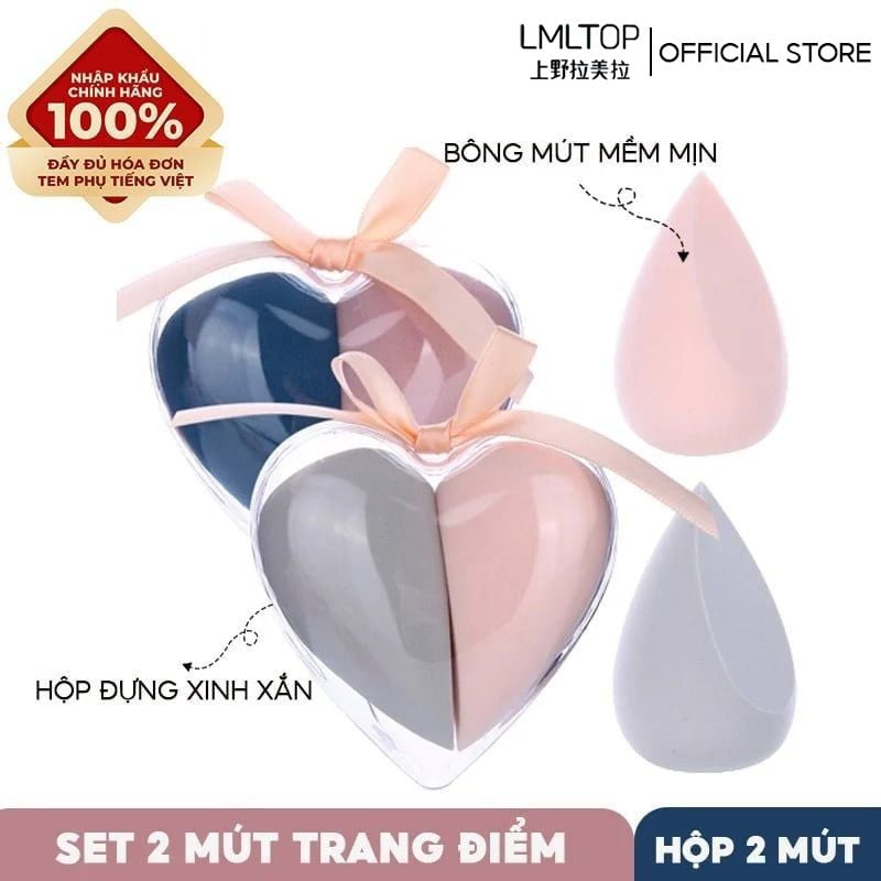 [NHẬP KHẨU] Set 2 Bông Mút Tán Kem Nền Giọt Nước Hộp Nhựa Trái Tim LMLTOP A80178