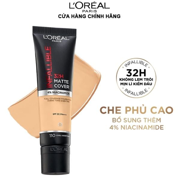 Kem Nền Che Phủ Cao, Kiềm Dầu, Lâu Trôi Với 4% Niacinamide L'Oreal Infallible 32H Matte Cover Foundation SPF25 PA+++ 30ml