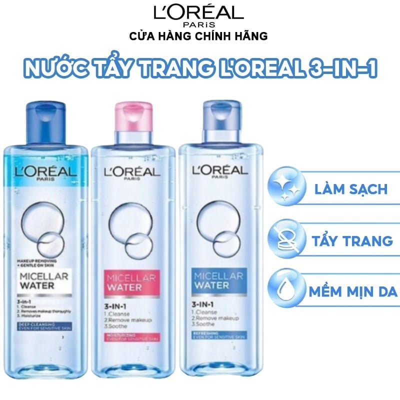 Nước Tẩy Trang Làm Sạch Tươi Mát, Dưỡng Ẩm Cho Da L'Oreal 3-in-1 Micellar Water