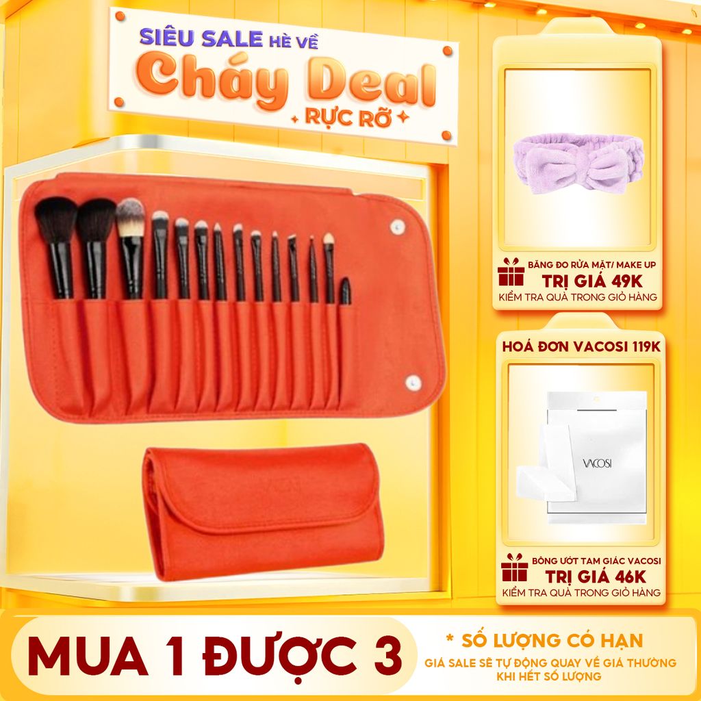 Bộ Cọ Trang Điểm Cá Nhân Vacosi Mars Mission Brush Set 14 Cây & Bóp Da Cam - BC36