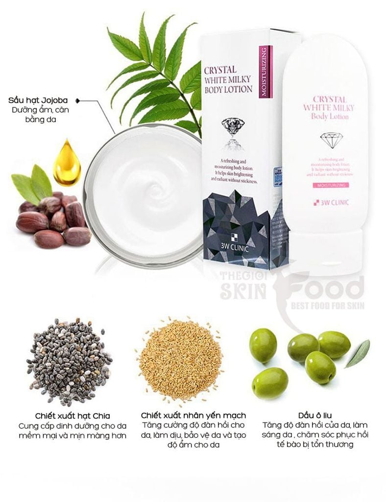 Kem Dưỡng Ẩm Toàn Thân 3W Clinic, Nâng Tông Tự Nhiên Crystal White Milky Body Lotion 150g