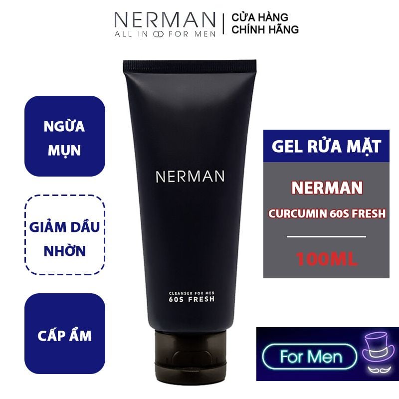 Gel Rửa Mặt Nerman Sạch Nhờn, Ngừa Mụn Cho Nam Curcumin 60s Fresh 100ml