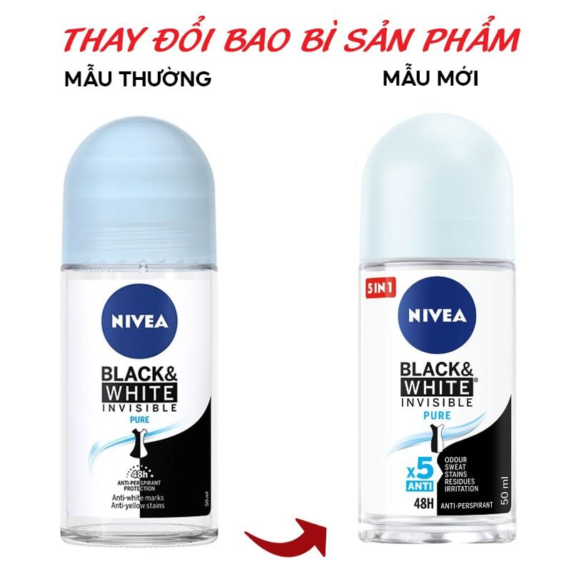 Lăn Khử Mùi Hỗ Trợ Dưỡng Da Sáng Mịn, Ngăn Vệt Ố Vàng Nivea Black & White Invisible Pure Anti-Perspirant Roll On 50ml (Che tên sản phẩm khi giao hàng)