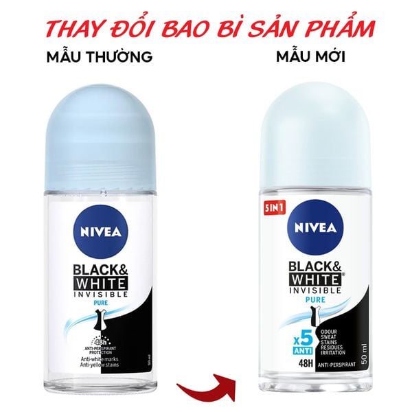  Lăn Khử Mùi Nivea Hỗ Trợ Dưỡng Da Sáng Mịn, Ngăn Vệt Ố Vàng Black & White Invisible Pure Anti-Perspirant Roll On 50ml (Che tên sản phẩm khi giao hàng) 