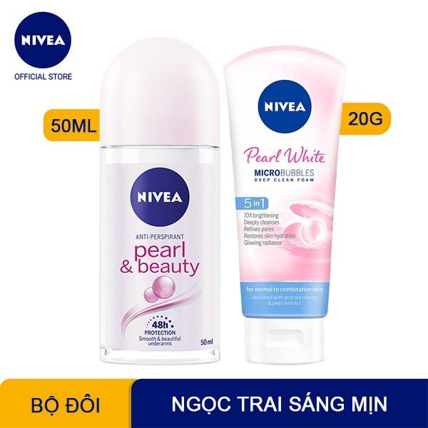 [2 Items] Bộ Đôi Ngọc Trai Dưỡng Trắng Da Nivea Anti-Perspirant Roll On Pearl & Beauty 50ml + Nivea Pearl White Micro Bubbles Deep Clean Foam 20g