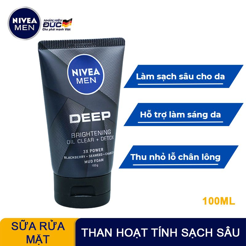 Sửa Rửa Mặt Than Hoạt Tính Làm Sạch Sâu Nivea Men Deep Brightening Oil Clear + Detox Mud Foam 100g