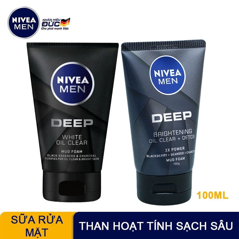 Sửa Rửa Mặt Than Hoạt Tính Làm Sạch Sâu Nivea Men Deep Brightening Oil Clear + Detox Mud Foam 100g