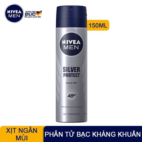 Xịt Khử Mùi Cho Nam Men Phân Tử Bạc Kháng Khuẩn Nivea Men Silver Protect Quick Dry Anti-Perspirant Spray 150ml