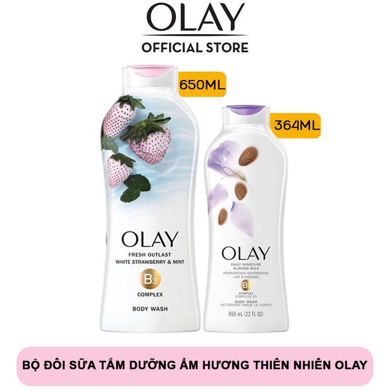 Bộ Sữa Tắm OLAY Dưỡng Ẩm Hương Thiên Nhiên (Fresh Outlast White Strawberry & Mint Body Wash 650ml + Age Defying Vitamin E Body Wash 364ml)
