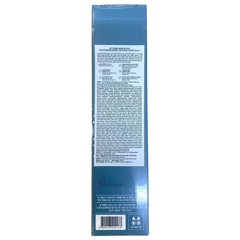 Xịt Chống Nắng Re:cipe Bảo Vệ Da, Dưỡng Ẩm Phyto Water Defense Sun Spray SPF50+ PA++++