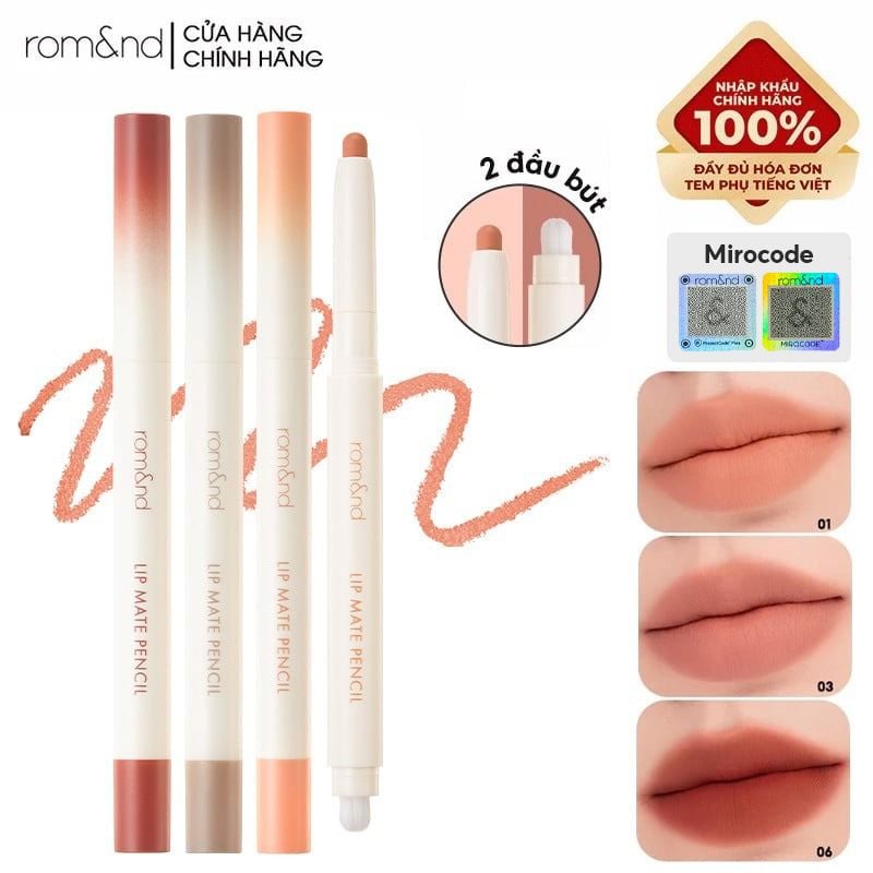 Chì Kẻ Viền Môi Nhung Lì, Lâu Trôi, Thiết Kế 2 Đầu Romand Lip Mate Pencil 0.5g