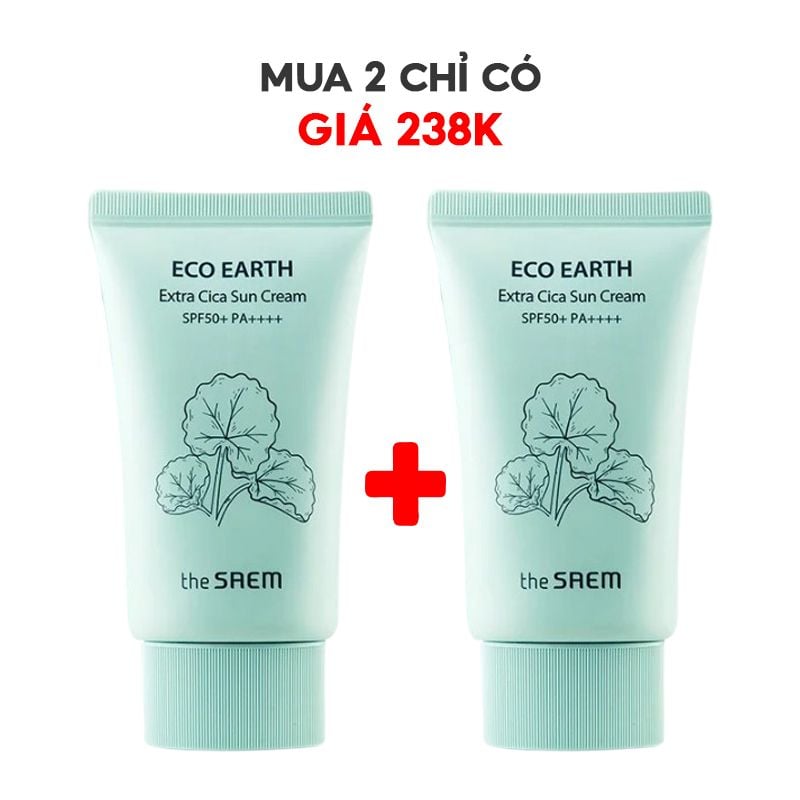 Kem Chống Nắng Nâng Tông, Cân Bằng Ẩm, Chiết Xuất Rau Má The Saem Eco Earth Extra Cica Sun Cream SPF50+/PA++++ 50g