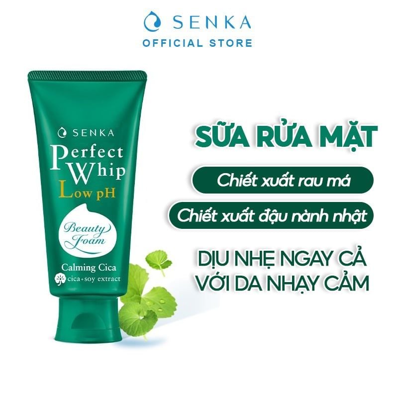Sữa Rửa Mặt Senka Lành Tính Chiết Xuất Rau Má Perfect Whip Low pH Calming Cica 100g