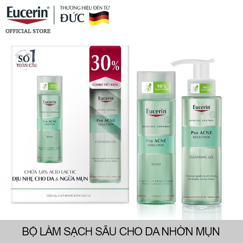 [2 Items] Bộ Làm Sạch Sâu Dầu Nhờn Cho Da Mụn Set Eucerin Acne-Oil Control Pro Acne Solution Cleansing Gel 200ml + Toner 200ml