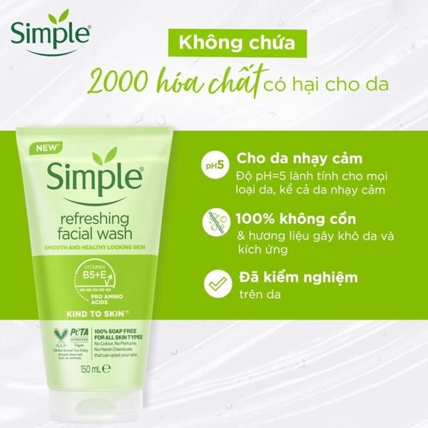  Sữa Rửa Mặt Simple Dịu Nhẹ, Dành Cho Da Nhạy Cảm Refreshing Facial Wash 150ml 