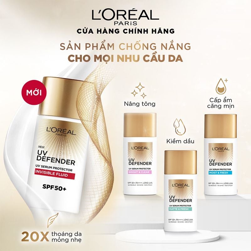 Kem Chống Nắng L'Oreal Mịn Nhẹ, Bảo Vệ Da, Ngăn Ngừa Lão Hóa UV Defender Serum Protector SPF 50+/PA++++