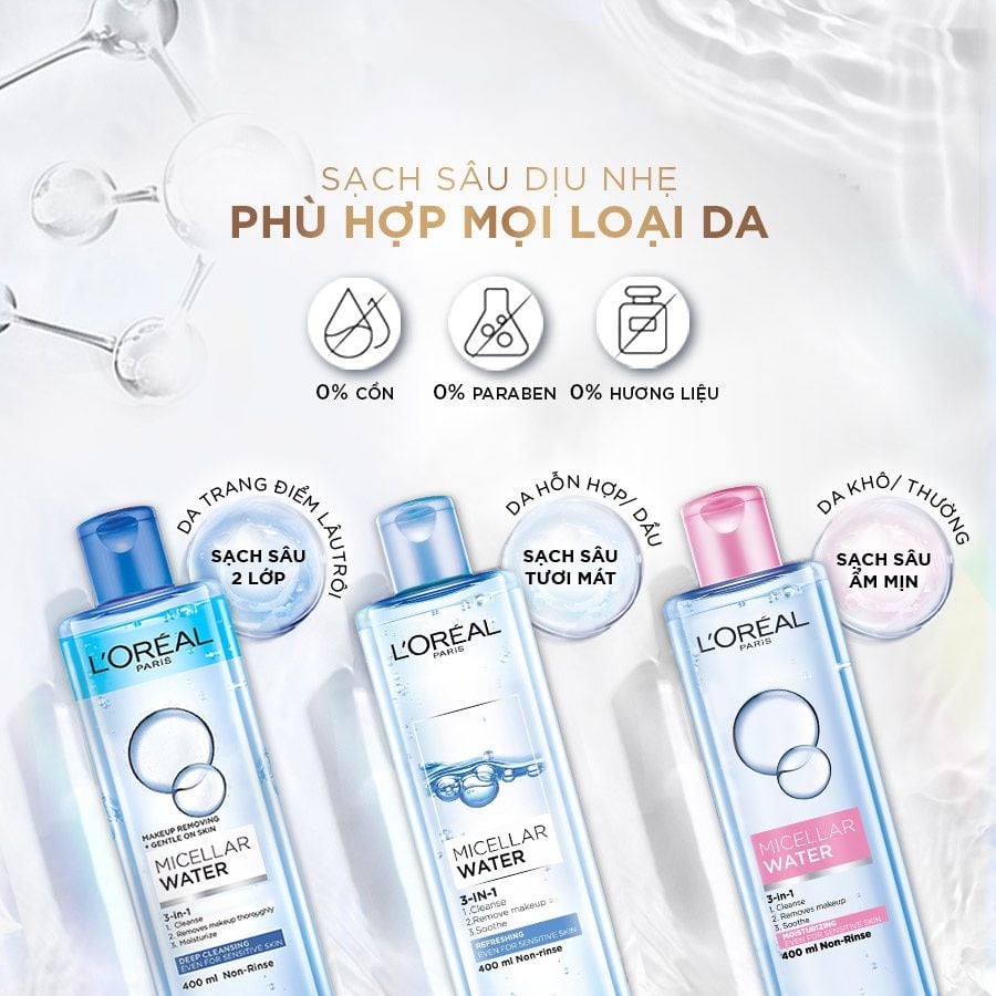 Nước Tẩy Trang Làm Sạch Tươi Mát, Dưỡng Ẩm Cho Da L'Oreal 3-in-1 Micellar Water