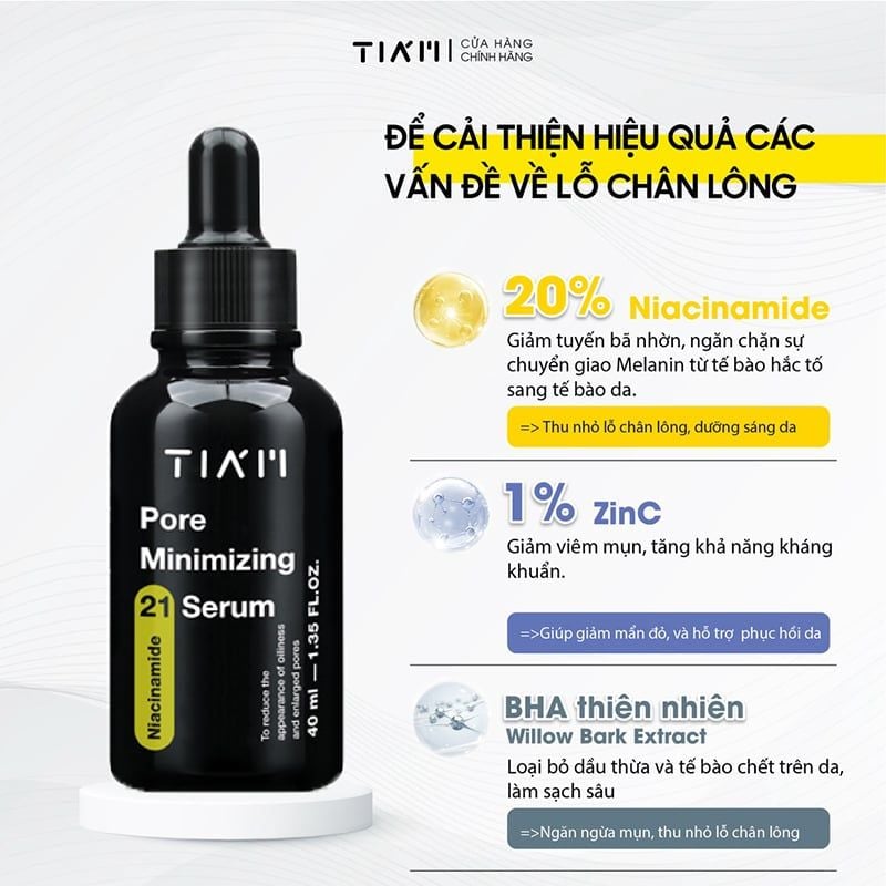 Serum Tiam Kiểm Soát Dầu Nhờn, Thu Nhỏ Lỗ Chân Lông, Làm Đều Màu Da Niacinamide 20% + Zinc 1% Tiam Pore Minimizing 21 Serum 40ml