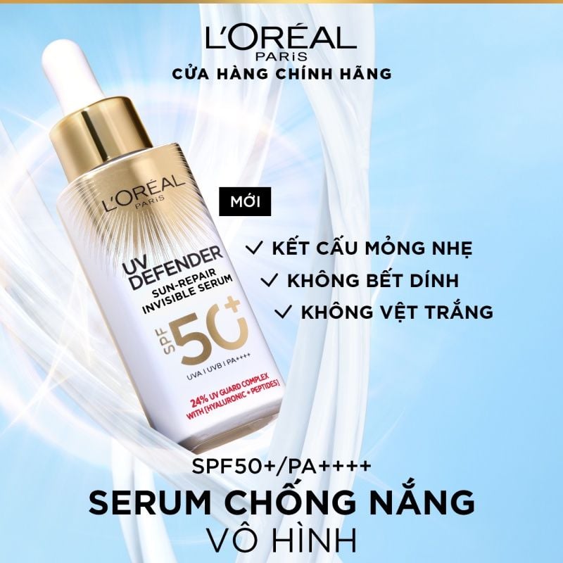 Serum Chống Nắng L'oreal Phổ Rộng, Mỏng Nhẹ, Hỗ Trợ Cải Thiện Da UV Defender Sun-Repair Invisible Serum SPF 50+ PA++++ 30ml