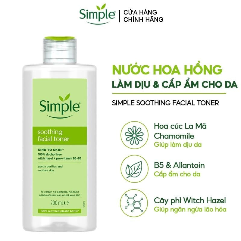 Nước Hoa Hồng Simple Làm Dịu, Cân Bằng Độ Ẩm Soothing Facial Toner 200ml