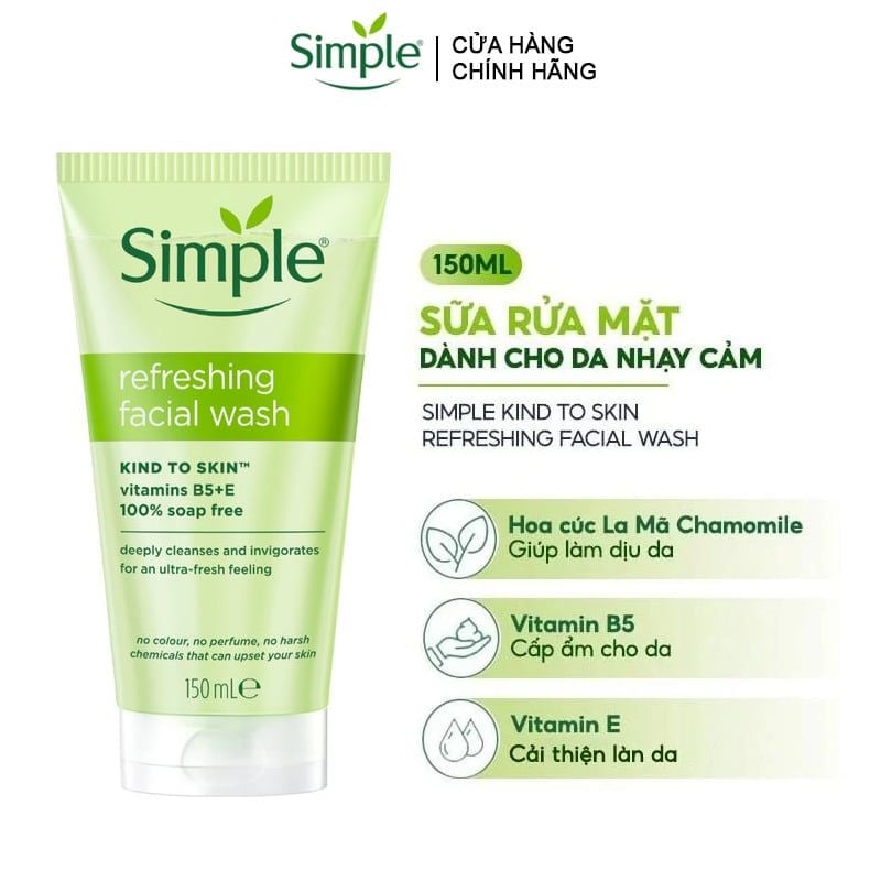 Sữa Rửa Mặt Simple Dịu Nhẹ, Dành Cho Da Nhạy Cảm Refreshing Facial Wash 150ml
