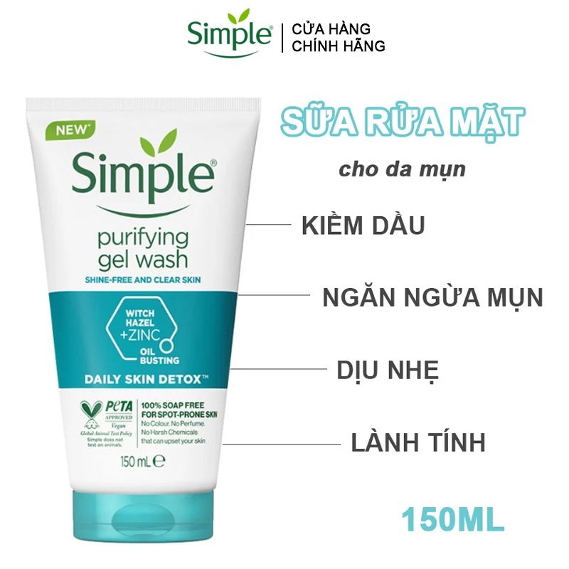 Gel Rửa Mặt Không Chứa Xà Phòng Kiềm Dầu, Ngừa Mụn Cho Da Nhạy Cảm Simple Purifying Gel Wash 150ml