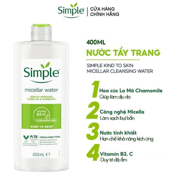  Nước Tẩy Trang Simple Lành Tính Kind To Skin Micellar Cleansing Water 400ml 