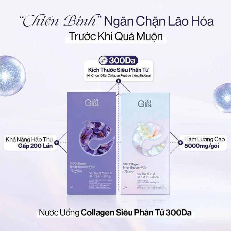 Nước Uống Collagen Siêu Phân Tử 300DA Trẻ Hóa, Hỗ Trợ Dưỡng Sáng, Cân Bằng Nội Tiết Gilaa 5K Collagen Booster 15 gói x 20g