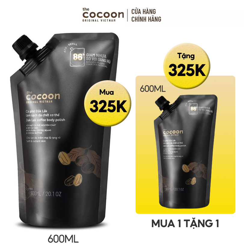 [Túi 600ml] Tẩy Da Chết Body Làm Đều Màu Da Và Dưỡng Mịn Da Chiết Xuất Cà Phê Dak Lak Cocoon Dak Lak Coffee Body Polish