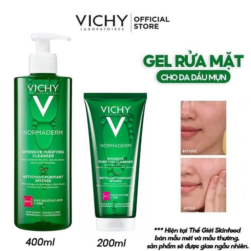 Gel Rửa Mặt Vichy Cho Da Dầu Mụn Làm Sạch Sâu, Giảm Nhờn Normaderm Phytosolution Intensive Purifying Gel