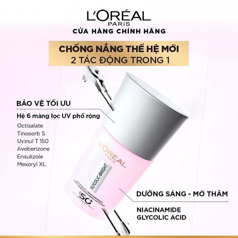 Sữa Chống Nắng Phổ Rộng L'oreal Mỏng Nhẹ, Hỗ Trợ Dưỡng Sáng, Giảm Mờ Thâm Nám Glycolic-Bright Anti-Dark Spot Daily Uv Fluid SPF 50+/PA++++ 50ml