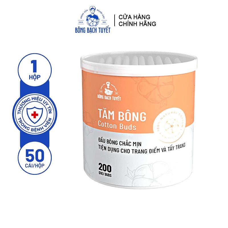 [Hộp Tròn 200 Que] Tăm Bông Bông Bạch Tuyết