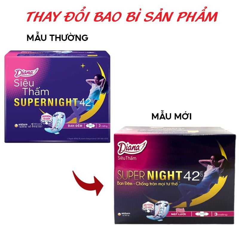 Băng Vệ Sinh Diana Siêu Thấm Super Night Có Cánh 42cm - Hộp 3 Miếng (Che tên sản phẩm khi giao hàng)