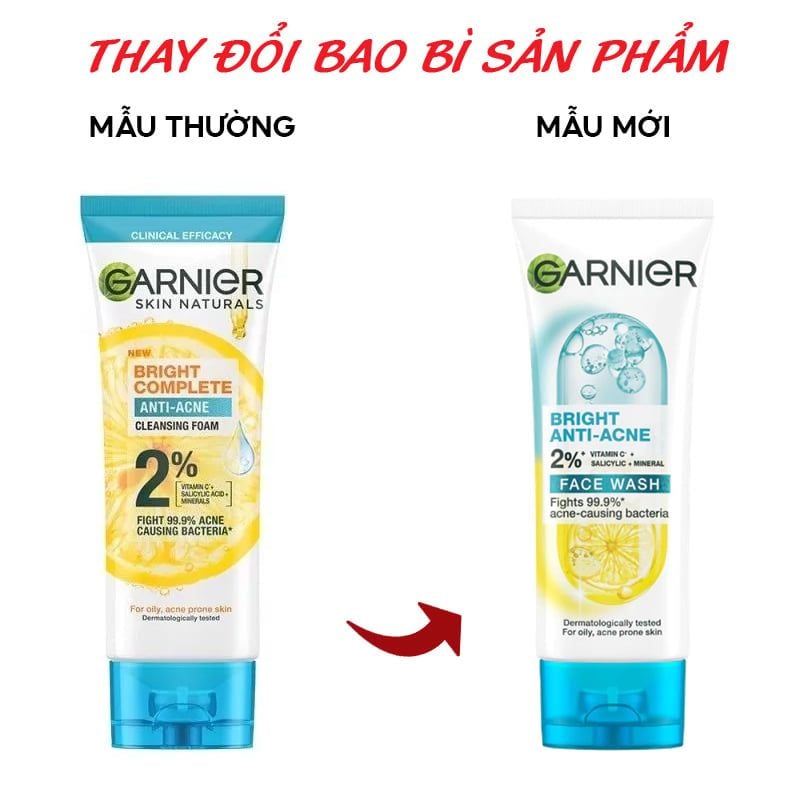 Sữa Rửa Mặt Garnier 3 Trong 1 Hỗ Trợ Giảm Mụn, Hỗ Trợ Dưỡng Sáng Da Bright Complete 3-in-1 Anti-Acne Foam 100ml