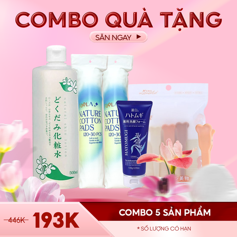 Combo Quà Tặng: Làm Sạch - 5 Sản Phẩm (Nước Hoa Hồng Chinoshio 500ml, Bông Tẩy Trang Tròn Toola 150 Miếng, Sữa Rửa Mặt Hatomugi 130g, Set 5 Món Kẹp Tóc & Dán Mái)