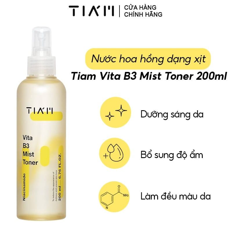 Nước Hoa Hồng Dạng Xịt Hỗ Trợ Dưỡng Sáng, Căng Bóng Da Tiam Vita B3 Mist Toner 200ml