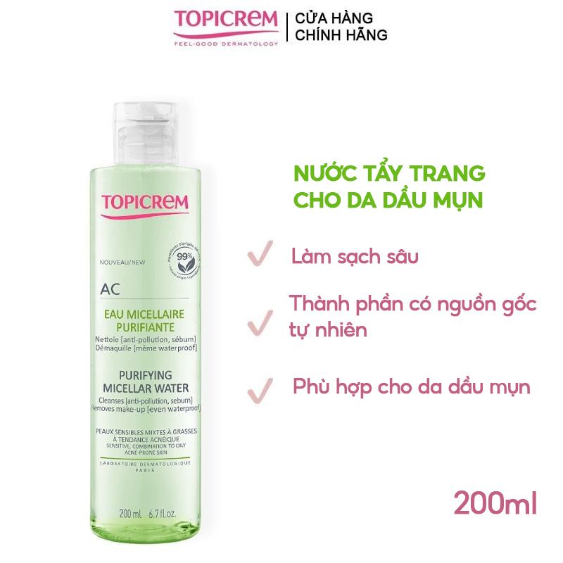 Nước Tẩy Trang Làm Sạch Sâu, Dành Cho Da Hỗn Hợp Dầu, Mụn Topicrem AC Purifying Micellar Water 200ml