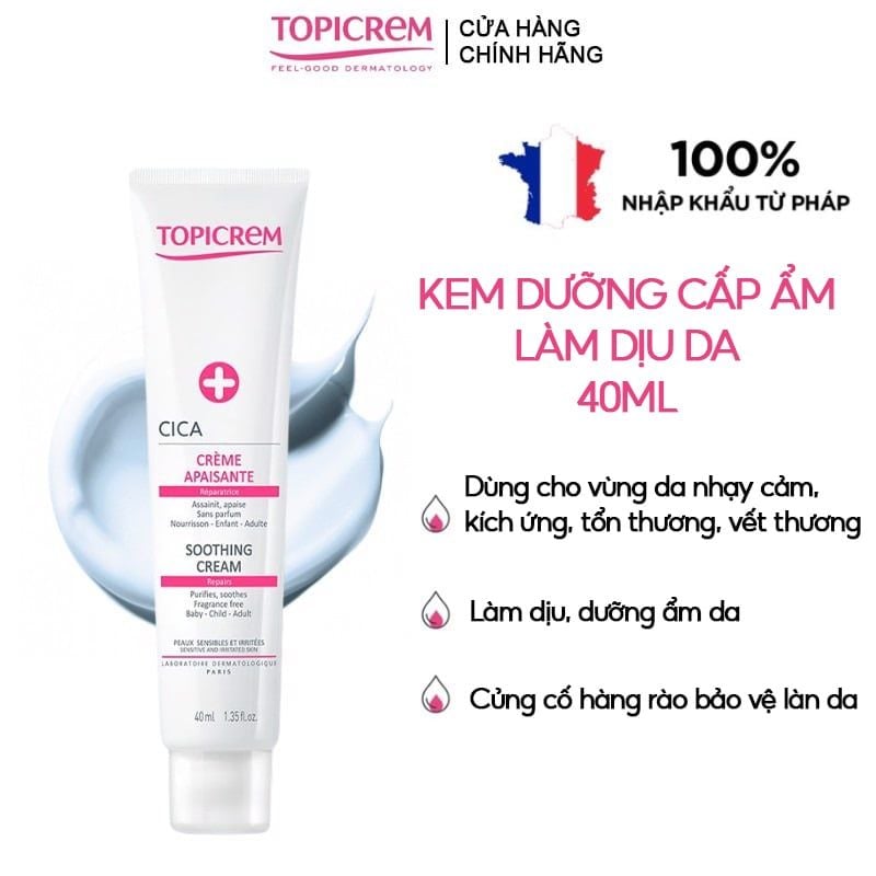 Kem Dưỡng Câp Ẩm, Làm Dịu Da Dành Cho Da Nhạy Cảm Topicrem Cica Soothing Cream 40ml