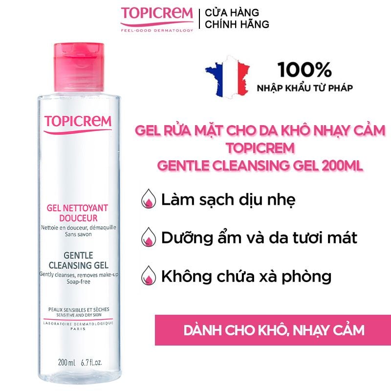 Sữa Rửa Mặt Dạng Gel Topicrem Không Chứa Xà Phòng Dành Cho Da Khô, Nhạy Cảm Gentle Cleansing Gel 200ml