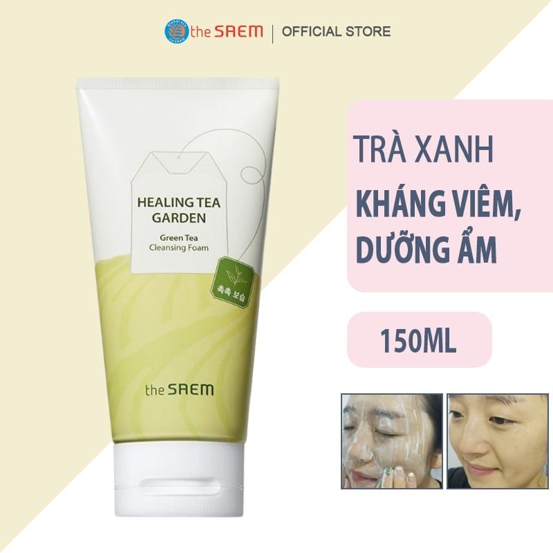 Sữa Rửa Mặt Giúp Hỗ Trợ Giảm Mụn, Cung Cấp Độ Ẩm The Saem Healing Tea Garden Green Tea Cleansing Foam 150ml