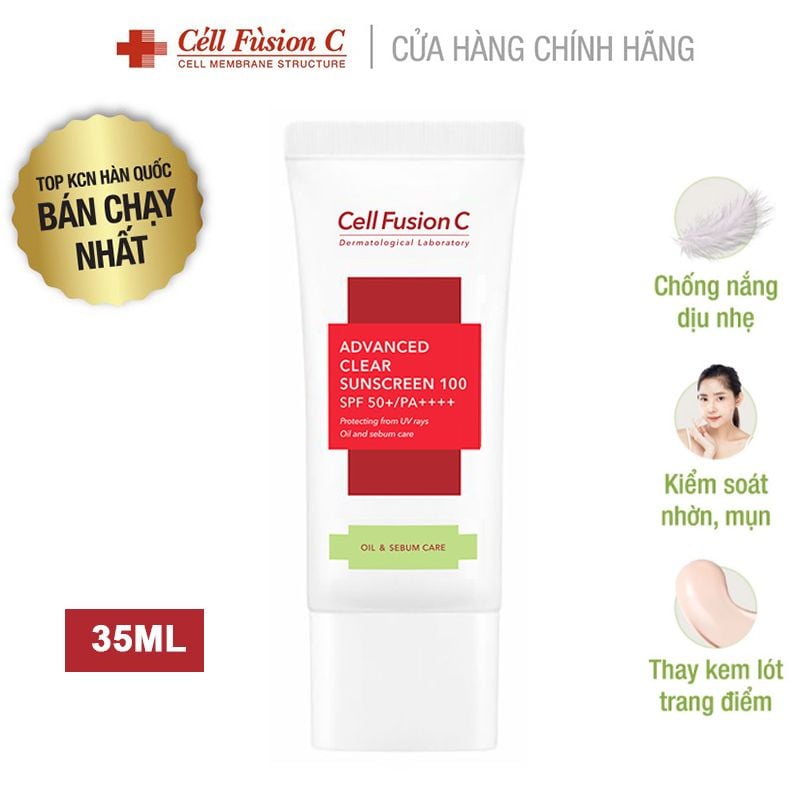 Kem Chống Nắng Cell Fusion C Giảm Mụn, Kiềm Dầu, Loại Bỏ Tế Bào Chết  Advanced Clear Sunscreen 100 SPF50+/PA+++ 35ml/2 Tuýp