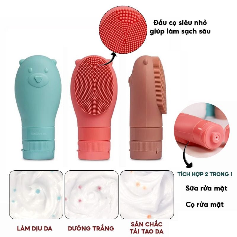 Sữa Rửa Mặt Wellderma Kèm Cọ Rửa Mặt Silicone 2 In 1 Gomdochi Foam Cleanser - Gấu Nâu  60ml