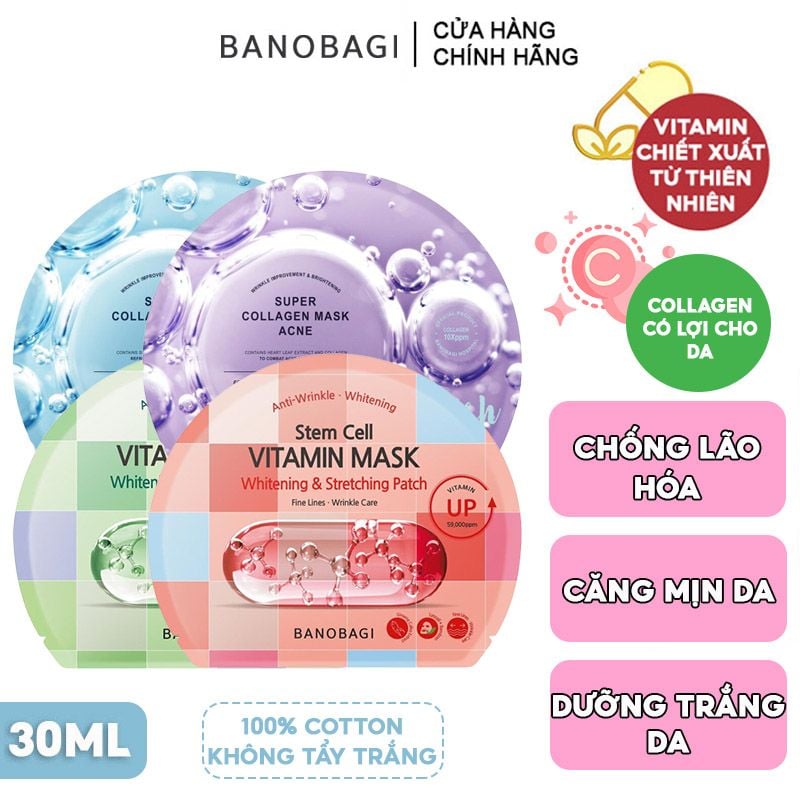 Mặt Nạ Miếng Dưỡng Trắng Cấp Ẩm & Bổ Sung Collagen Ngăn Ngừa Lão Hóa Banobagi Stem Cell Vitamin, Super Collagen Mask 30ml