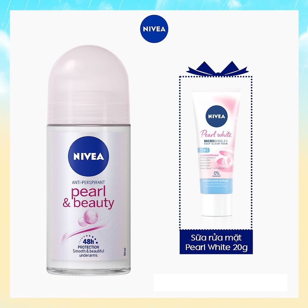 [2 Items] Bộ Đôi Ngọc Trai Dưỡng Trắng Da Nivea Anti-Perspirant Roll On Pearl & Beauty 50ml + Nivea Pearl White Micro Bubbles Deep Clean Foam 20g
