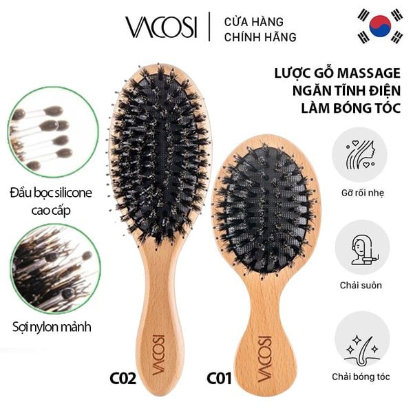  Lược Gỗ Vacosi Massage Ngăn Tĩnh Điện, Làm Bóng Tóc Hairbrush 