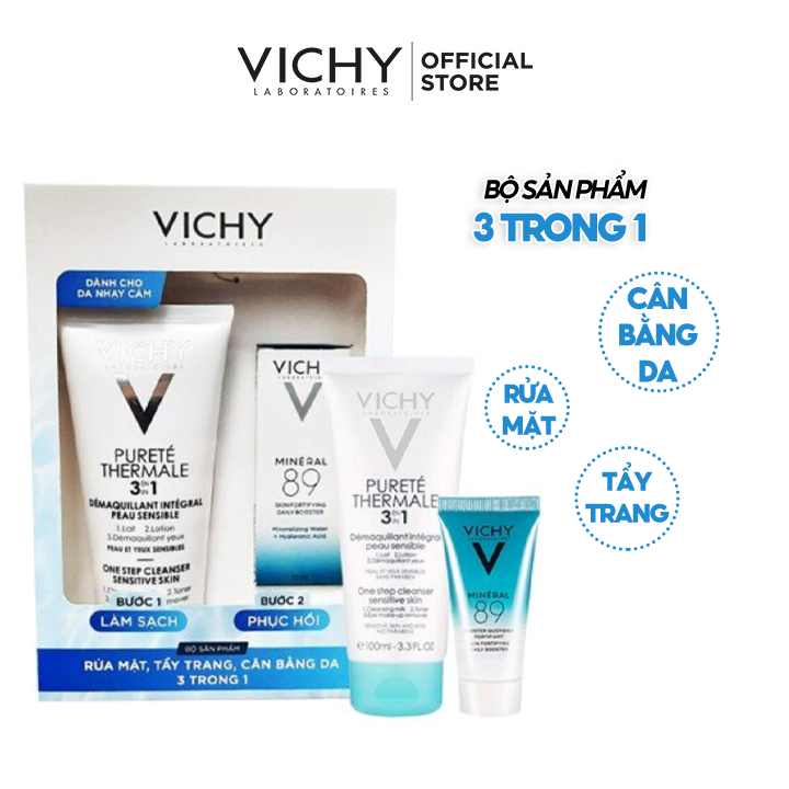 [2 Items] Bộ Sản Phẩm Rửa Mặt, Tẩy Trang, Cân Bằng Da 3 Trong 1 Vichy Pureté Thermale 3in1 One Step Cleanser Sensitive Skin And Eyes + Mini Mineral 89 Booster